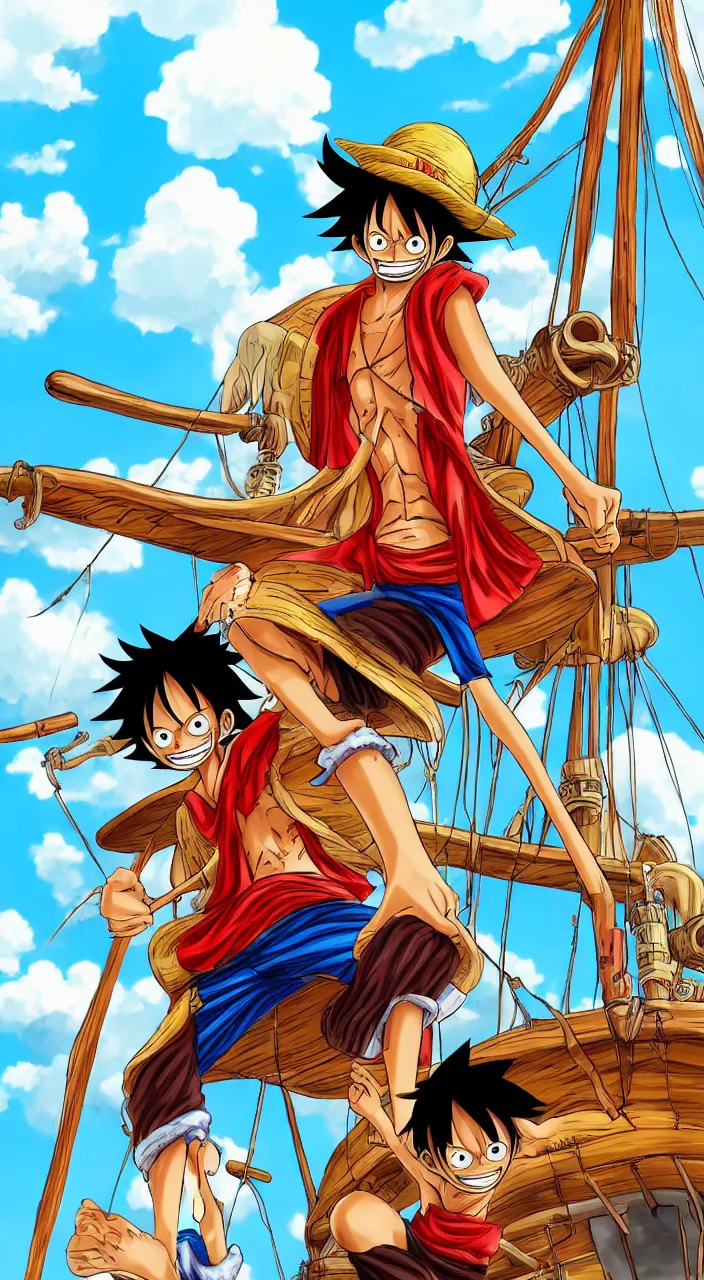 Prompt: monkey d luffy from the anime one piece on a pirate ship