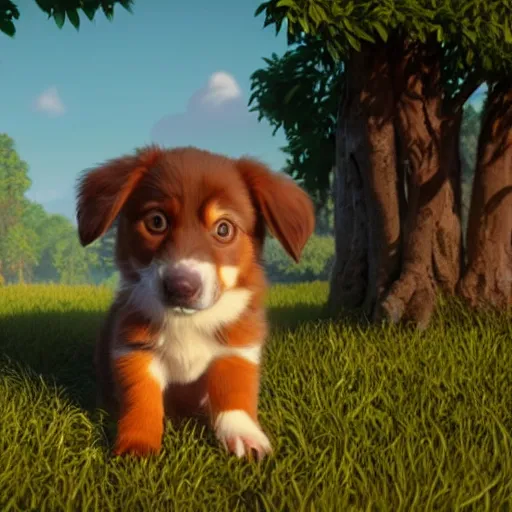 Prompt: a wholesome animation key shot of a brown australian shepherd puppy, studio ghibli, pixar and disney animation, sharp, rendered in unreal engine 5, anime key art by greg rutkowski, bloom, dramatic lighting