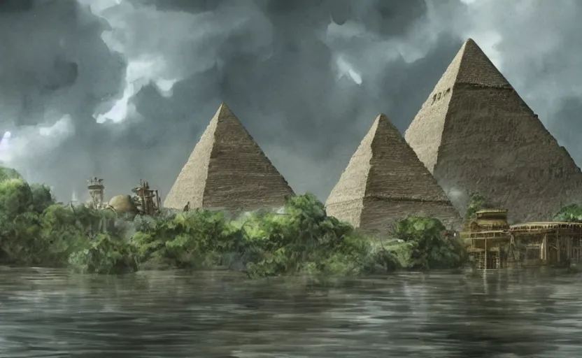 Image similar to a realistic and atmospheric cell - shaded watercolor concept art from howl's moving castle ( 2 0 0 4 ) of a sci - fi city and an egyptian pyramid complex in a flooded rainforest. very dull muted colors, hd, 4 k, hq