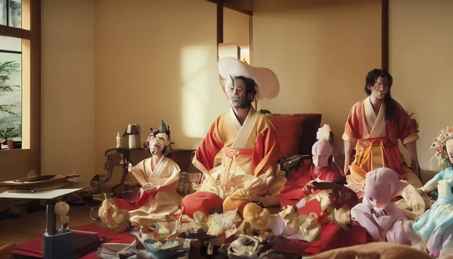 Image similar to movie still by alejandro jodorowsky of a beautiful day in a family living room in kyoto japan, visible magic energy, dream creature costumes, floating planets, fish, parade floats, cinestill 8 0 0 t eastmancolor technicolor, high quality, very detailed, heavy grain, fine facial features, 8 k, octane render