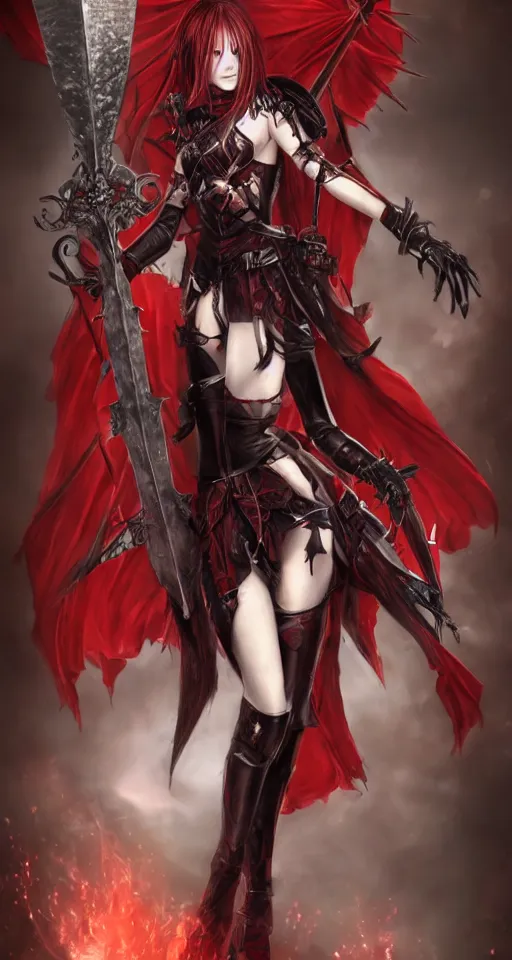 Prompt: female vampire knight, barefoot, full body armor, plate armor, carnival mask, giant two - handed sword dripping blood, crimson colored wings, grinning, barefeet, fantasy art.