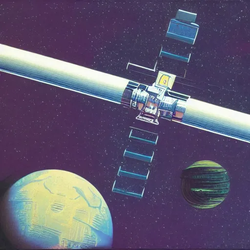 Image similar to distant view of abandoned beautiful space station floating in empty space, jean giraud, terran trade authority