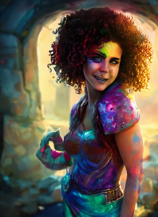 Image similar to an epic fantasy comic book style portrait painting of a girl wearing colorful makeup with a mischievous smile and curly brown hair stepping out of a doorway with light shining behind her, unreal 5, daz, hyperrealistic, octane render, cosplay, rpg portrait, dynamic lighting