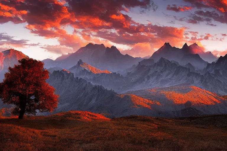 Image similar to A beautiful landscape photography of Ciucas mountains mountains, a dead intricate tree in the foreground, sunset, dramatic lighting by Marc Adamus,