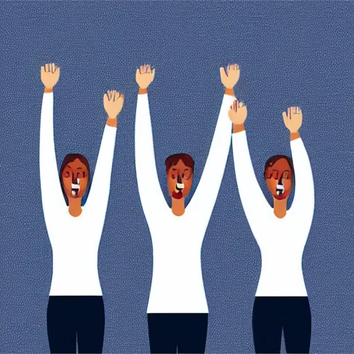 Prompt: team of 4 people vector illustration, no faces, hands raised in joy, vector illustration, white background