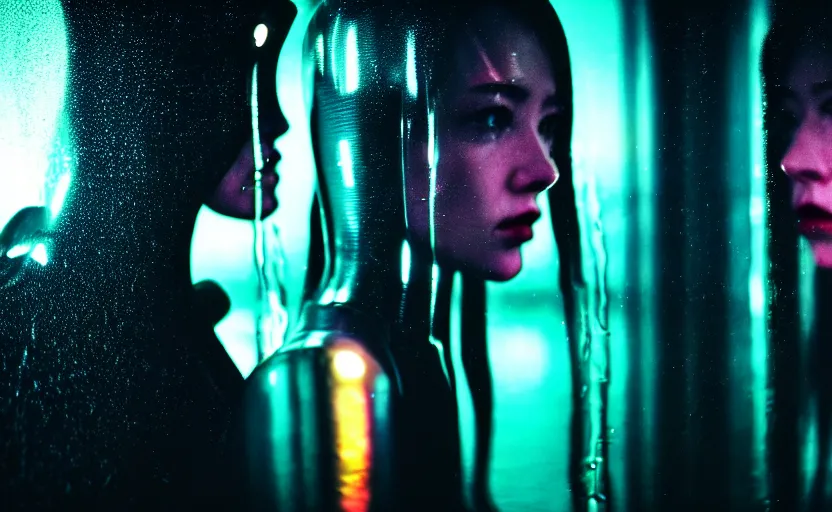 Image similar to cinestill 5 0 d candid action photographic portrait by stanley kubrick of two loving female androids wearing rugged black mesh techwear in treacherous waters, extreme closeup, modern cyberpunk retrofuturism moody emotional cinematic, pouring iridescent rain, 8 k, hd, high resolution, 3 5 mm, f / 3 2, motion blur, ultra realistic faces, ex machina