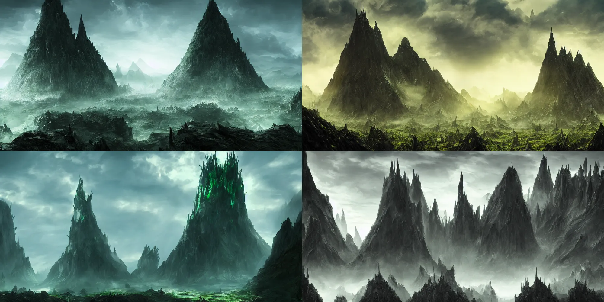 Prompt: Giant black tower with large spikes on top set in the underworld. Green mist everywhere and sharp mountains, God rays from above, concept art, movie screencap, artstation, 4k