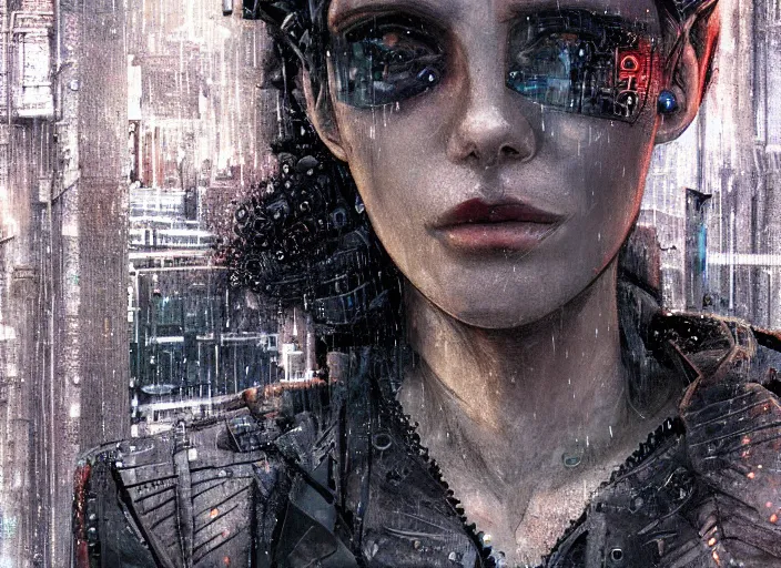 Image similar to rugged, beautiful female neuromancer by enki bilal,, punk outfit : : urban setting, nighttime, rain, close - up view : : cinematic headshot : : ultra - detailed technical precision : : high definition 3 d render, unreal engine, hires textures 4 k