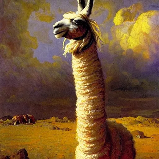 Image similar to detailed space portrait of a llama with dreadlocks, realistic creature concept, heroic pose, glowing starts in background, Ilya Repin oil painting