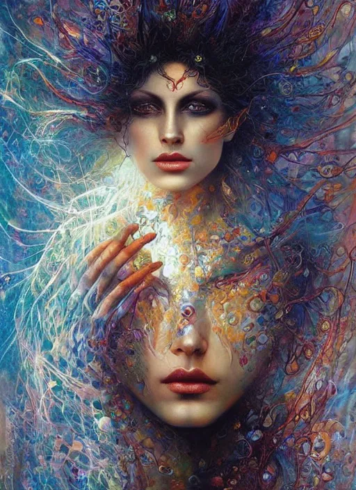 Image similar to magic enlightened cult psychic enchanted woman, painted face, third eye, energetic consciousness psychedelic, epic surrealism expressionism symbolism, perfect, by karol bak, louise dalh - wolfe, masterpiece