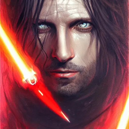 Image similar to portrait Aragorn as a Jedi Knight with red glowing eyes and a bright red lightsaber, art by pete mohrbacher and seb mckinnon and beksinski and josan gonzales, digital art, highly detailed, intricate, sci-fi, sharp focus, Trending on Artstation HQ, deviantart, unreal engine 5, 4K UHD image