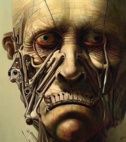 Prompt: beautiful oil clean painting biomechanical portrait of old partially man partially machine by wayne barlowe, rembrandt, complex, old, stunning