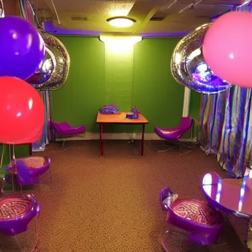 Image similar to photo of the backrooms with balloons and disco ball