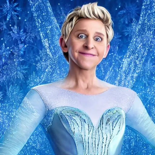 Prompt: ellen degeneres as elsa in live action disney frozen, 8k resolution, full HD, cinematic lighting, award winning, anatomically correct