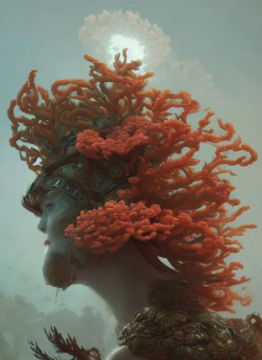 Prompt: Helmet of a forgotten Deity, corals, plume made of seaweed, white snake winding around, extremly detailed digital painting, in the style of Fenghua Zhong and Ruan Jia and jeremy lipking and Peter Mohrbacher, mystical colors, rim light, beautiful lighting, 8k, stunning scene, raytracing, octane, trending on artstation