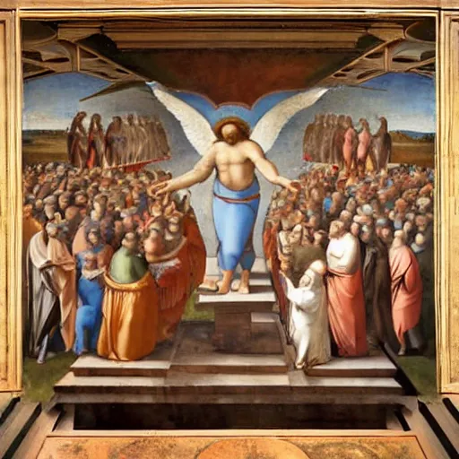 Image similar to Moodymann ascends to Heaven on a flying turntable, fresco, by Raphael, Giotto, Michelangelo