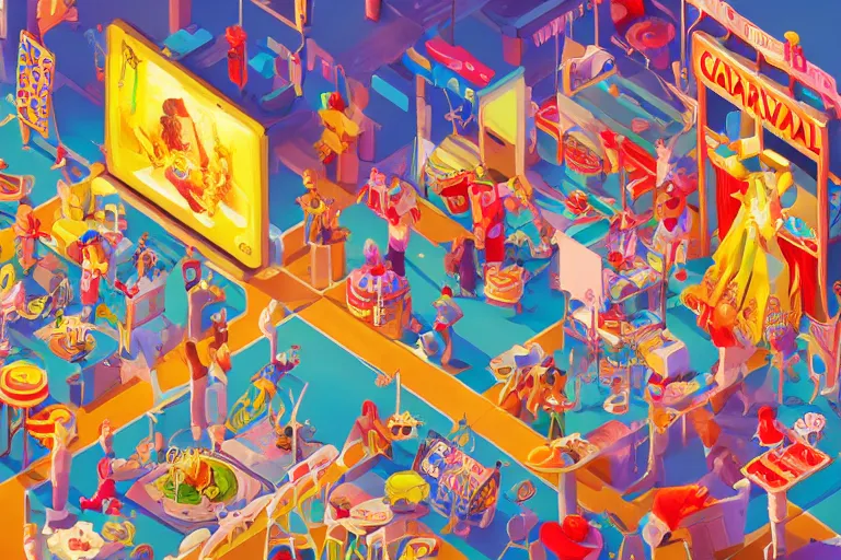 Image similar to carnival , isometric game art, white furniture, bright, artstation, highly detailed, cinematic lighting + masterpiece