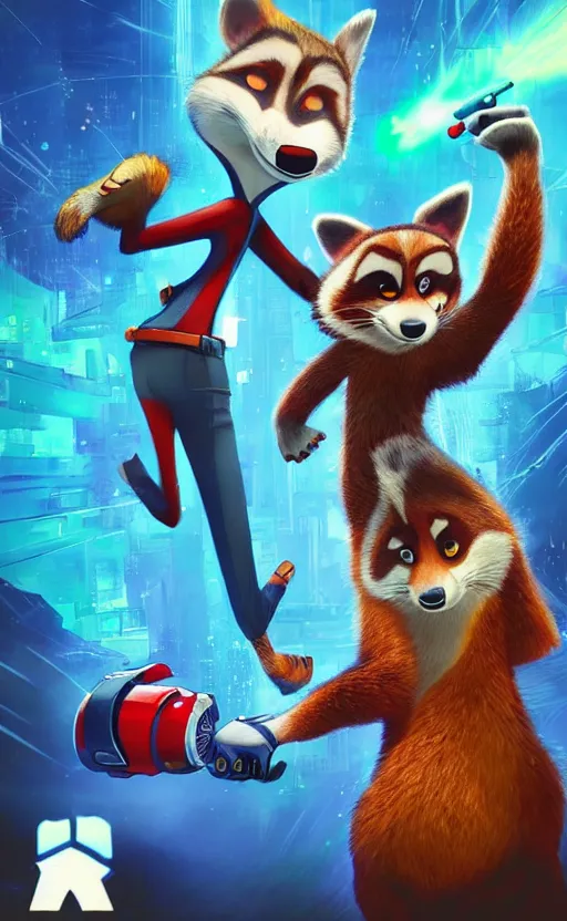 Image similar to “red racoon holding laser gun standing face to face off with blue racoon holding laser gun, boxing style face off, cinematic, dramatic in the style of zootopia”