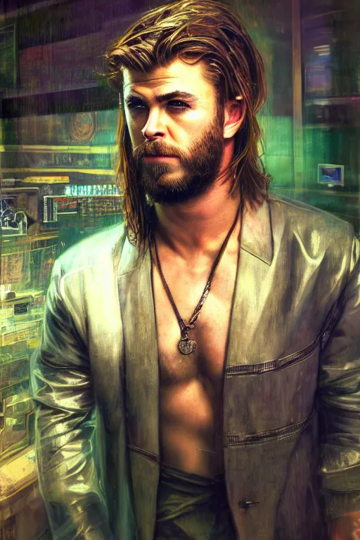 Image similar to hyperrealist cyberpunk portrait of a young ducktail bearded middle eastern chris hemsworth, it is decorated with long computer wires and computer monitors in the cyberpunk office background. by jeremy mann and alphonse mucha, fantasy art, photo realistic, dynamic lighting, artstation, poster, volumetric lighting, very detailed faces, 4 k, award winning