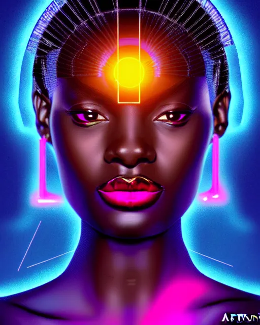 Image similar to symmetry!! african princess of technology, solid cube of light, hard edges, product render retro - futuristic poster scifi, lasers and neon circuits, beautiful dark skin african princess, intricate, elegant, highly detailed, digital painting, artstation, concept art, smooth, sharp focus, illustration, dreamlike, art by artgerm