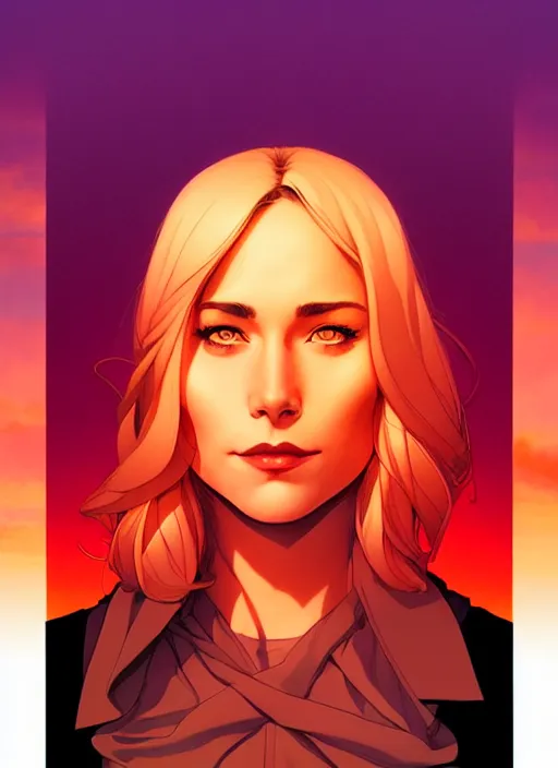 Image similar to artgerm Joshua Middleton comic art, cinematics lighting, sunset colors, pretty female Sarah Goldberg, big smirk, symmetrical face, symmetrical eyes,full body, in a field, sunset