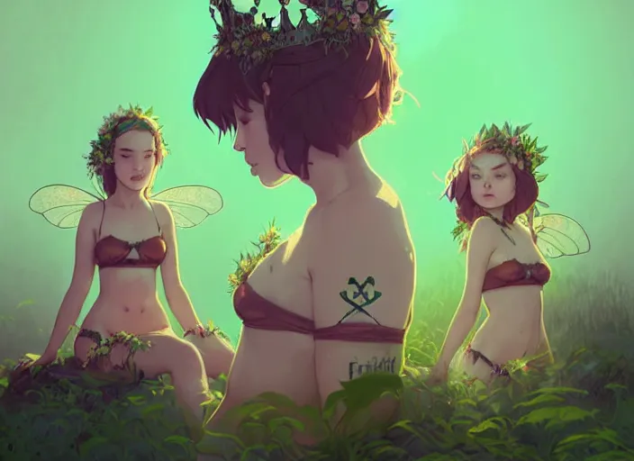 Image similar to two cute fairy girls with crown of flowers in plants bikini covered with celtic rune tattoos, fantasy, by atey ghailan, by greg rutkowski, by greg tocchini, by james gilleard, by joe gb fenton, by in kaethe butcher, dynamic lighting, gradient light green, brown, blonde cream and white color in scheme, grunge aesthetic