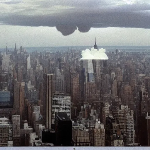 Image similar to realistic image of a tall nuclear bomb cloud over new york city, cctv footage, high quality