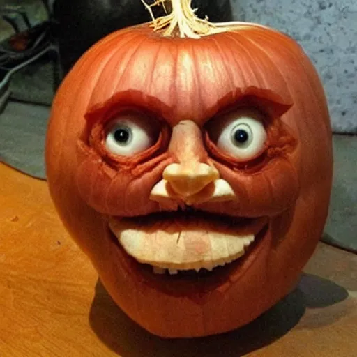 Image similar to a jack o onion with willem dafoe's face carved on it, highly detailed