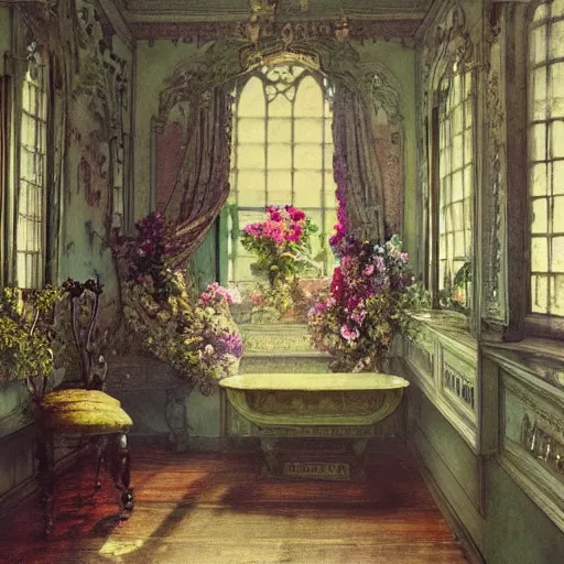 Image similar to a beautifull intricate watercolour painting of a victorian room with many flowers, reflexions, verry high details by william turner art, greg rutkowski and alphonse mucha, trending on artstation, very very detailed, masterpiece,