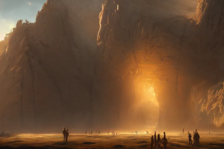 Image similar to the wester wall, matte painting, long shot, concept art, wide shot, digital art, trending on artstation, 4 k, extremely detailed, realistic, midday, warm colors, golden sunlight, by greg rutkowski, cinematic, epic