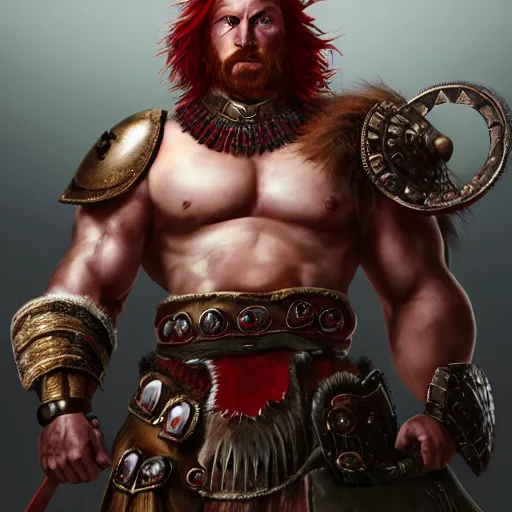 Prompt: bulky muscular scottish warrior with red hair and a kilt, tribal blood red war paintings on his chest, bronze plate armor, 4 k oil on linen by wlop, artgerm, andrei riabovitchev, nuri iyem, james gurney, james jean, greg rutkowski, highly detailed, soft lighting 8 k resolution