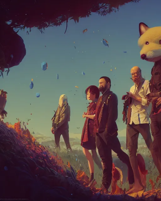 Image similar to highly detailed vfx group portrait of man with a mission, stephen bliss, unreal engine, greg rutkowski, loish, rhads, beeple, makoto shinkai and lois van baarle, ilya kuvshinov, rossdraws, tom bagshaw, alphonse mucha, global illumination, detailed and intricate environment