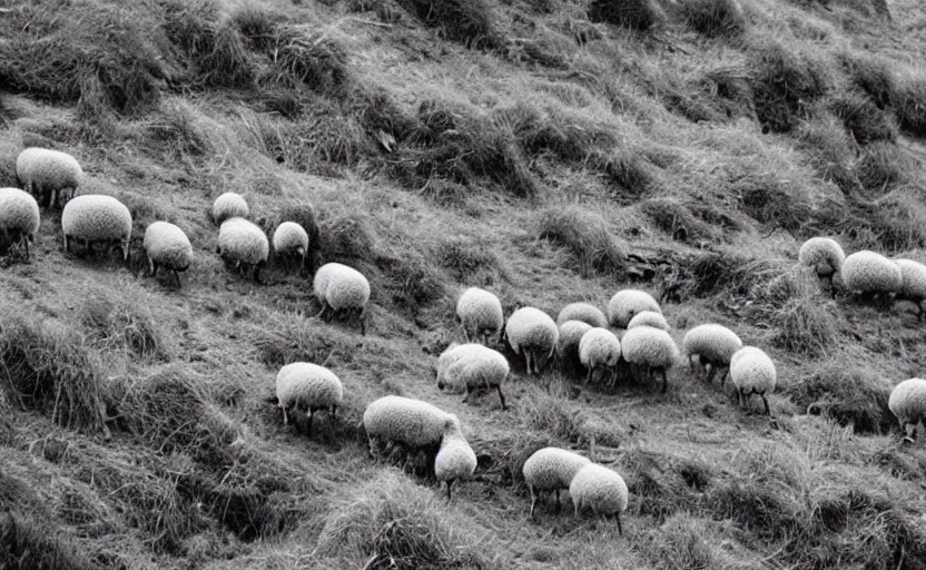 Image similar to “sheep, following other sheep, jumping off a cliff”