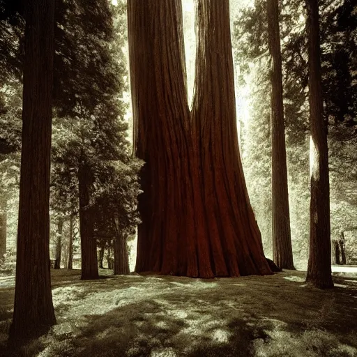 Image similar to house built into and inside a single giant sequoia. photograph by jerry uelsmann.