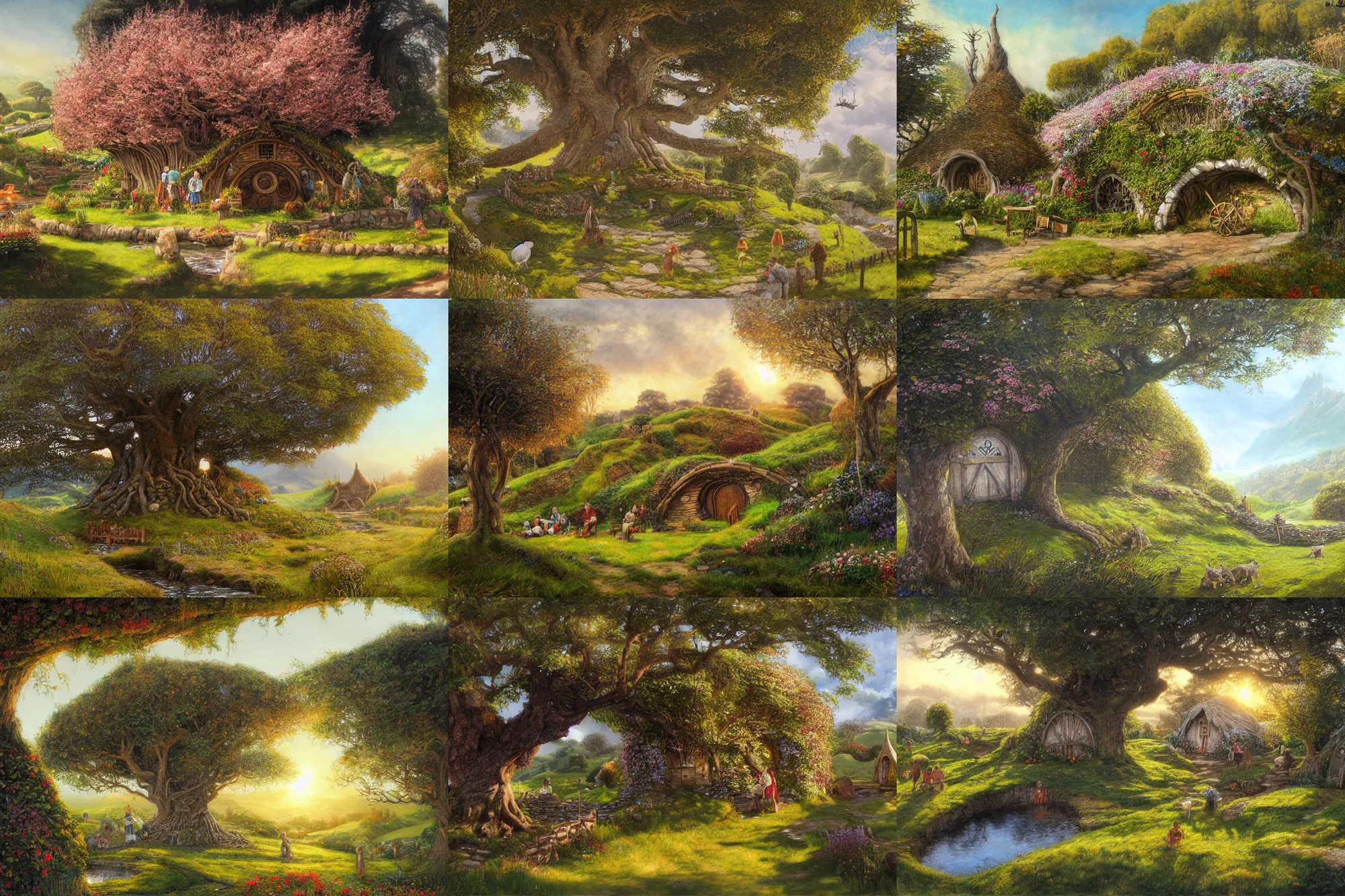 Prompt: bag end party tree in full bloom by alan lee, golden hour, hobbiton farms and streams in background, concept art, detailed clothing, art station, oil painting