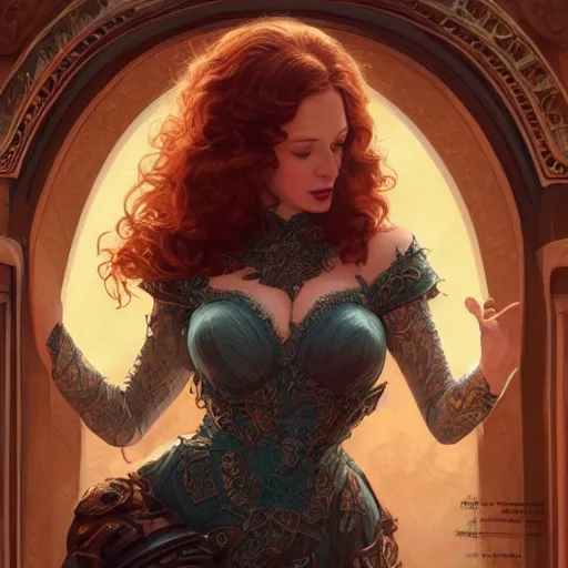 Image similar to christina hendricks on the cover of sports illustrated 1 9 6 5, fantasy, intricate, elegant, highly detailed, digital painting, artstation, concept art, matte, sharp focus, illustration, hearthstone, art by artgerm and greg rutkowski and alphonse mucha