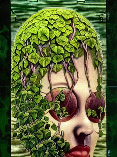 Image similar to The Hanging-Gardens of Pareidolia, ivy, verbena and pothos growing facial features and optical-illusions!!!!!, aesthetic!!!, by Gerald Brom in the style of Johfra Bosschart in the style of,