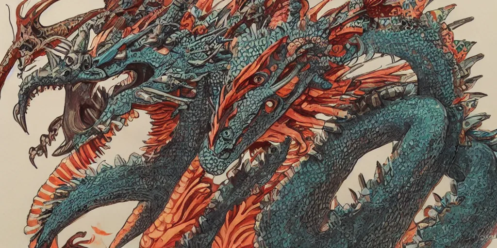 Image similar to a creepy fine - line gouache painting of a aztec dragon by kim jung gi in the style of art - nouveau art, trending on art station