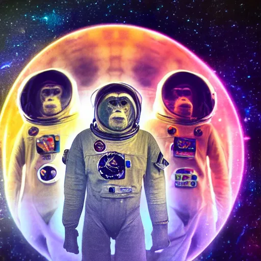 Image similar to double exposure portrait of one humanastronaut and one other chimpanzee astronaut with space and time in the the background by davinci, circles, psychedelic, pencil art, high definition, dynamic lighting stars, sharpness, golden ratio