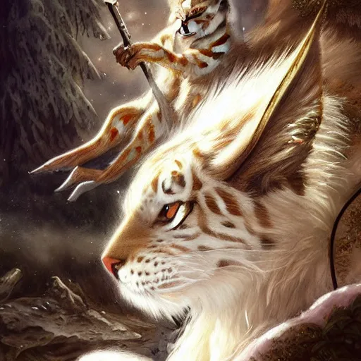 Prompt: white anthropomorphic lynx cat and white anthropomorphic tiger by Les Edwards and Noriyoshi Ohrai, furry art, steampunk fantasy style, 4k, trending on artstation