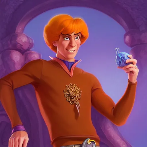 Image similar to fred from scooby - doo ( 1 9 6 9 ), d & d, fantasy, intricate, elegant, highly detailed, digital painting, artstation, concept art, matte, sharp focus, illustration, hearthstone, art by artgerm and greg rutkowski and alphonse mucha