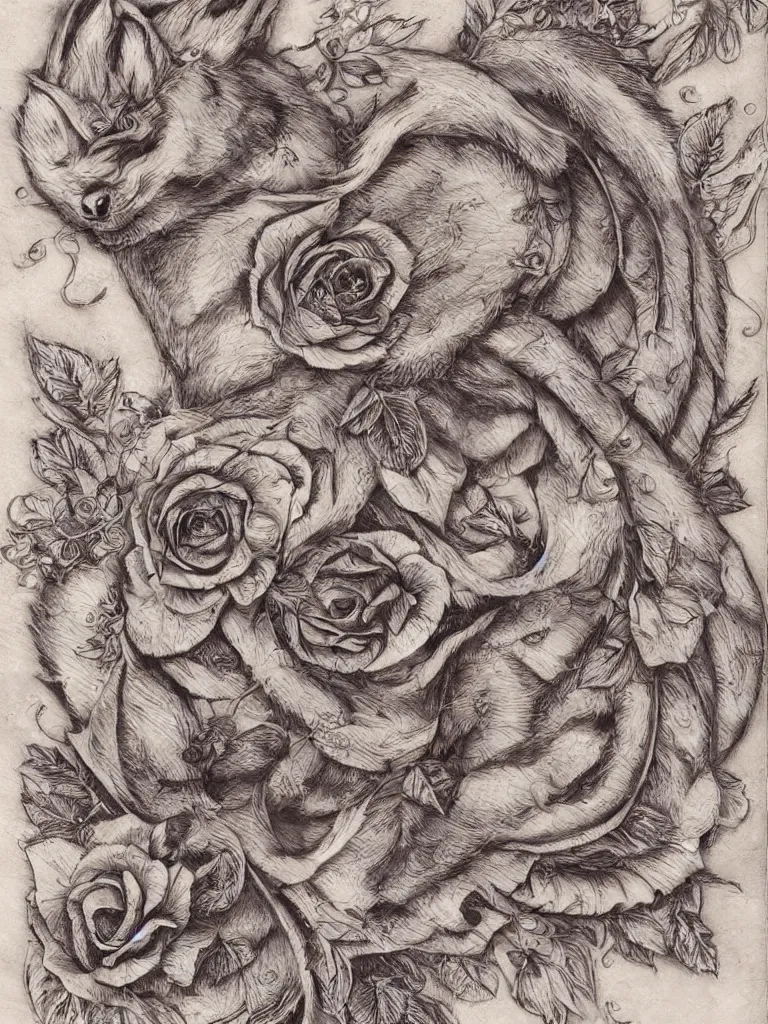Prompt: beautiful decorative ornament fibonacci rhythms, spirit wolf, classical ornament, roses, rose petals, leaves, stems, highly detailed etching, rendered in octane