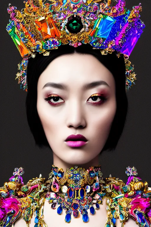 Prompt: a singular beautiful empress dramatic portrait, black hair, with a brilliant, impossible striking shiny big multi colored crystal headpiece, symmetrical, reflective surface, rainbow crystal clothes, rococo, baroque, jewels, asian, realistic, dramatic studio lighting, closeup, D&D, fantasy, intricate, elegant, highly detailed, digital painting, artstation, octane render, 8k, concept art, matte, sharp focus, illustration, art by Artgerm and Greg Rutkowski and Alphonse Mucha