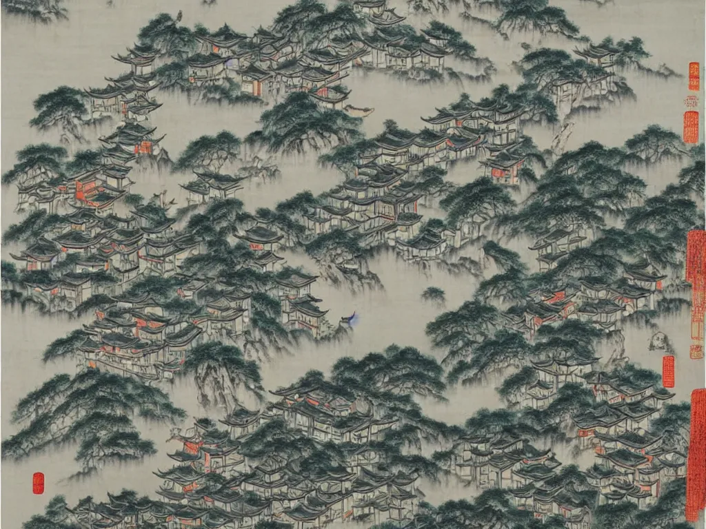 Image similar to traditional chinese painting of a modern megapolis