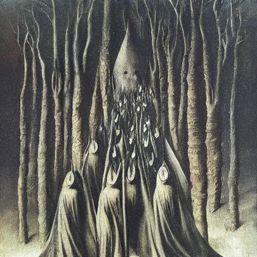 Prompt: sabbath of the witches in the style of Goya, Remedios Varo and Zdzisław Beksinski, surrealist painting