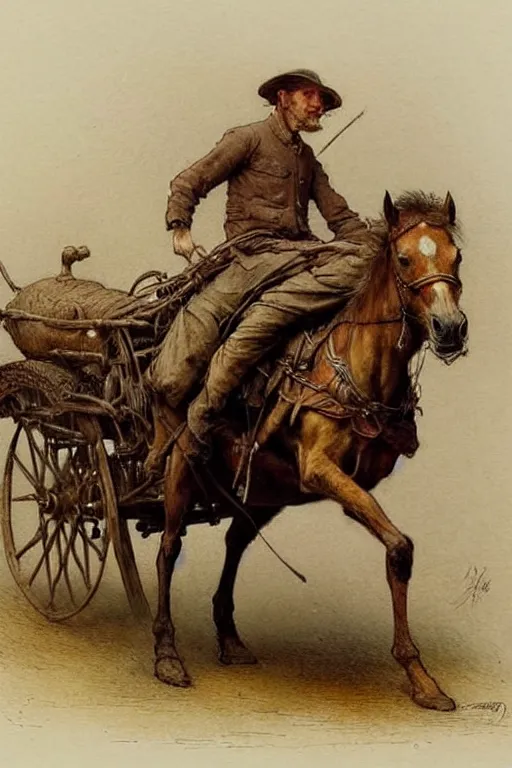 Prompt: ( ( ( ( ( ( ( ( man riding a horse ) ) ) ) ) ) ) ) with wheels!!!!!!!!!!!! wagon!!!!!!!!!!!!!! by jean baptiste monge!!!!!, muted colors, detailed