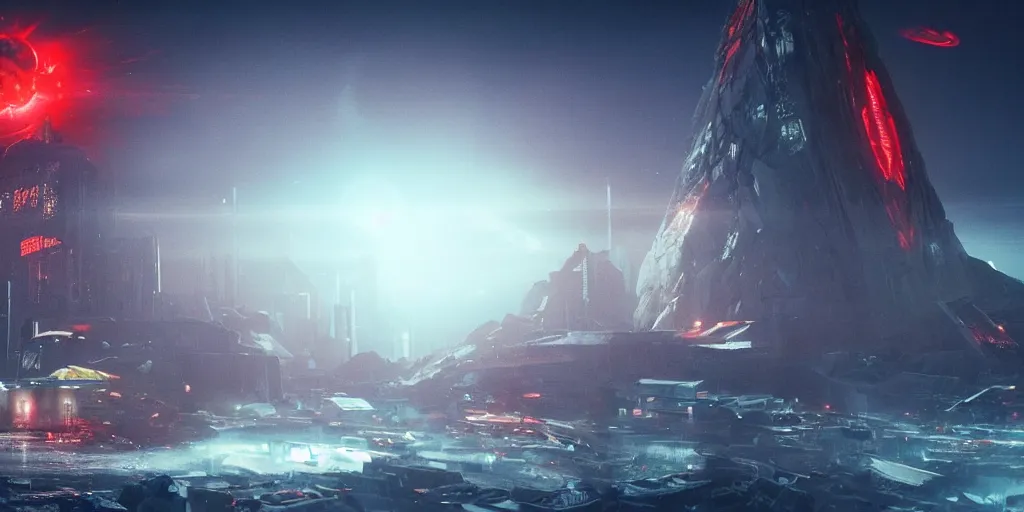 Prompt: a huge towering and broken stone tablet with red light + alien pattern + an abandoned spaceship, stands in the center of a prosperous city at the end of the world, and the power and energy is explode, secret, mysterious, doomsday, landscape, video game control, quantum break, arknights,