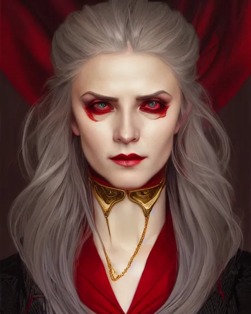 Image similar to female queen vampire, perfect face, gold waistcoat, red shirt, long grey hair, red necktie, cinematic, stunning, highly detailed, digital painting, artstation, smooth, hard focus, illustration, art by artgerm and greg rutkowski and alphonse mucha