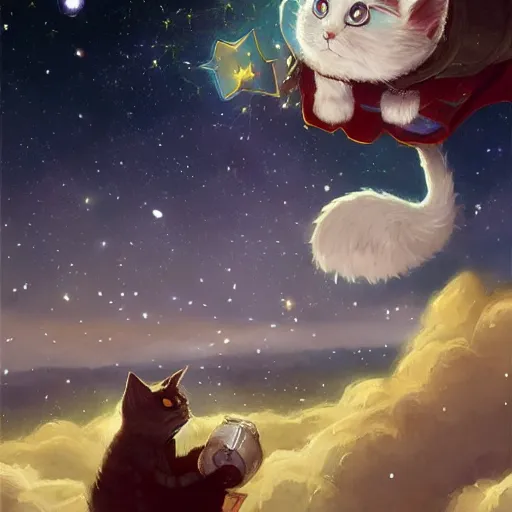 Prompt: cartoonish kitten wearing a wizard cat and a fake beard floating in space, bright stars, anime, a fantasy digital painting by Greg Rutkowski and James Gurney, trending on Artstation, highly detailed