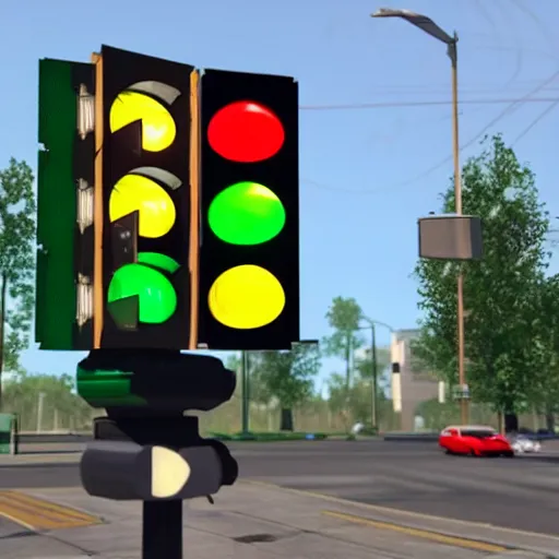 Image similar to a realistic photo of traffic light that uses portals from the video game portal 2 to control traffic by sending vehicle into blue portals and out of organge portals at an intersection